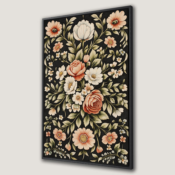 Framed Wall Art featuring a floral watercolor design with a black background, peach and white flowers, and green leaves. Perfect for adding elegance!