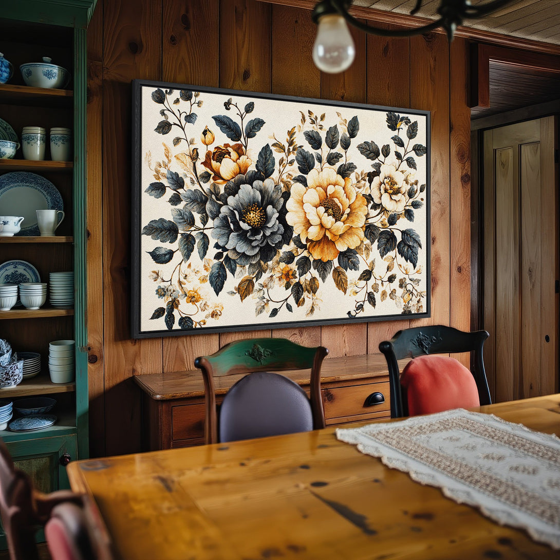 Framed Wall Art featuring floral design with muted gold, gray, and cream tones. Adds a touch of elegance to any interior. Shop our Canvas Print collection today!