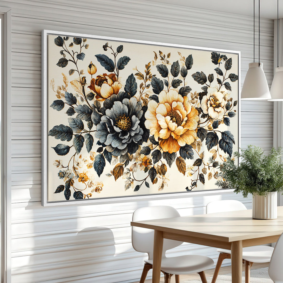 Canvas Print of floral artwork in a dining room. Features watercolor-style flowers in muted gold, blue, and cream tones. Modern wall art.