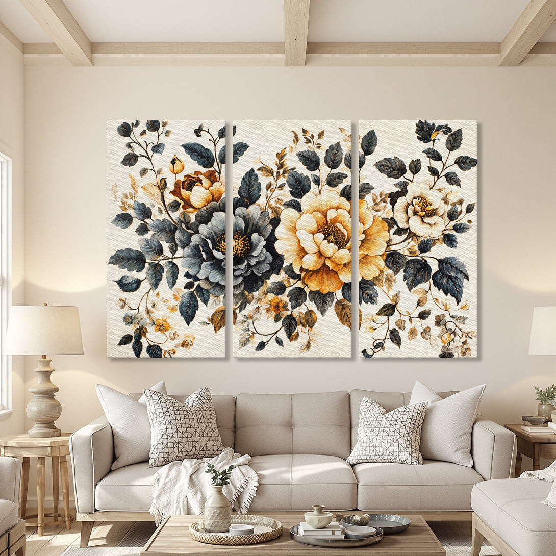 Canvas Print floral triptych in warm tones of gold, blue, and cream. Elegant botanical art adds a touch of sophistication to any interior.