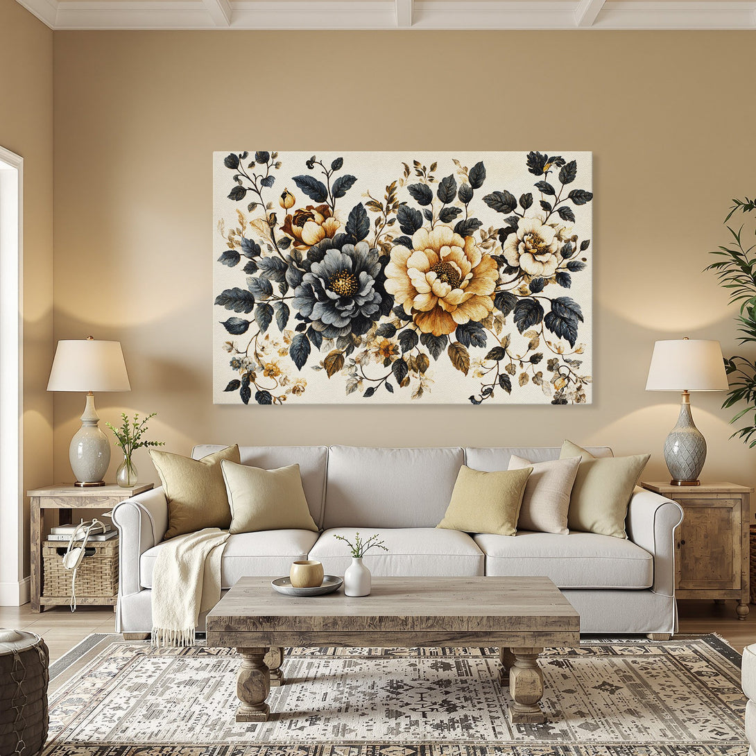 Framed Wall Art featuring a floral design in a classic style. Warm, inviting color palette with gold, blue, and cream tones. Perfect for any interior space!