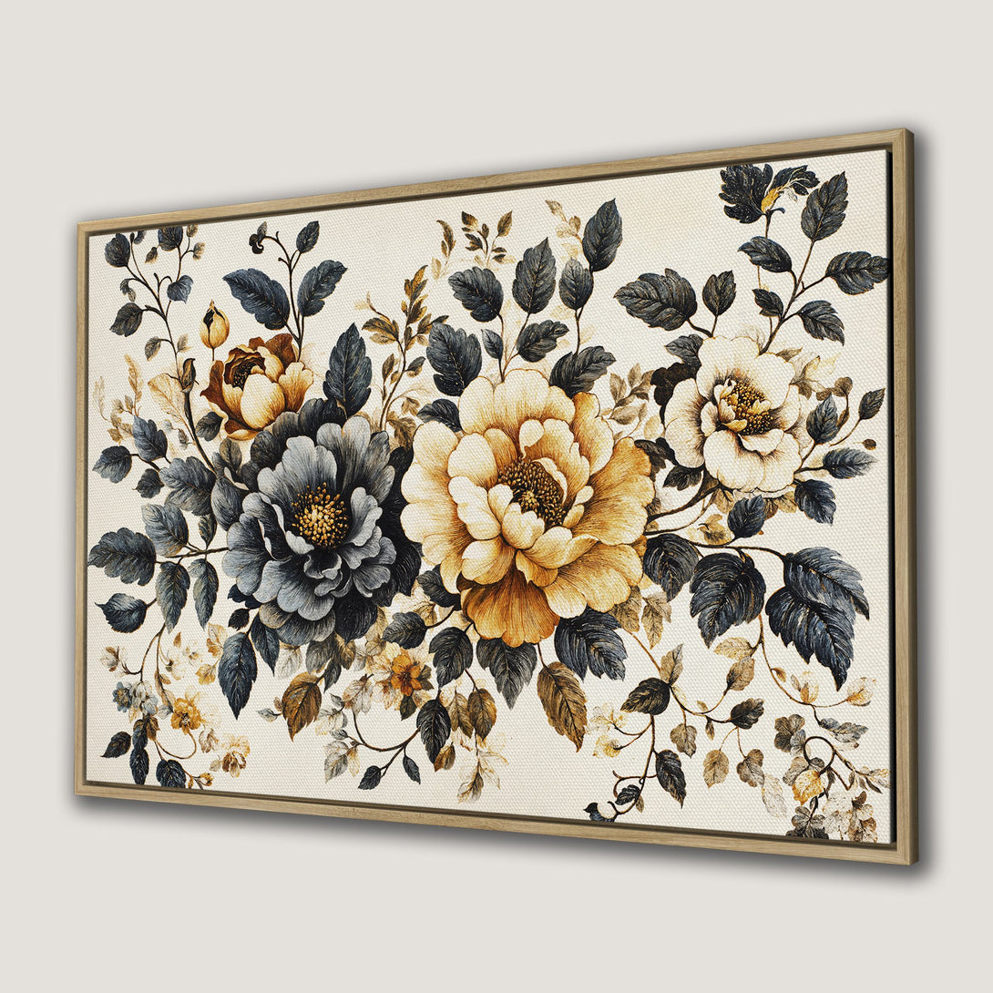 Framed Wall Art featuring a floral watercolor design in a muted color palette of gold, blue, and cream. Perfect for adding elegance to any space.
