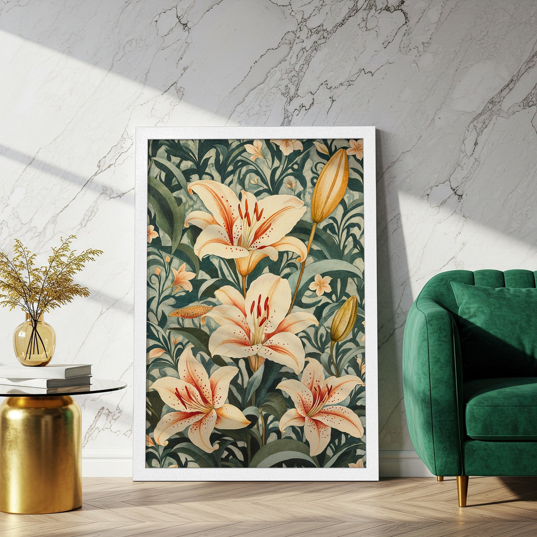 Framed Poster featuring elegant lily floral art in a vintage style with a green and cream color palette. Perfect wall decor!