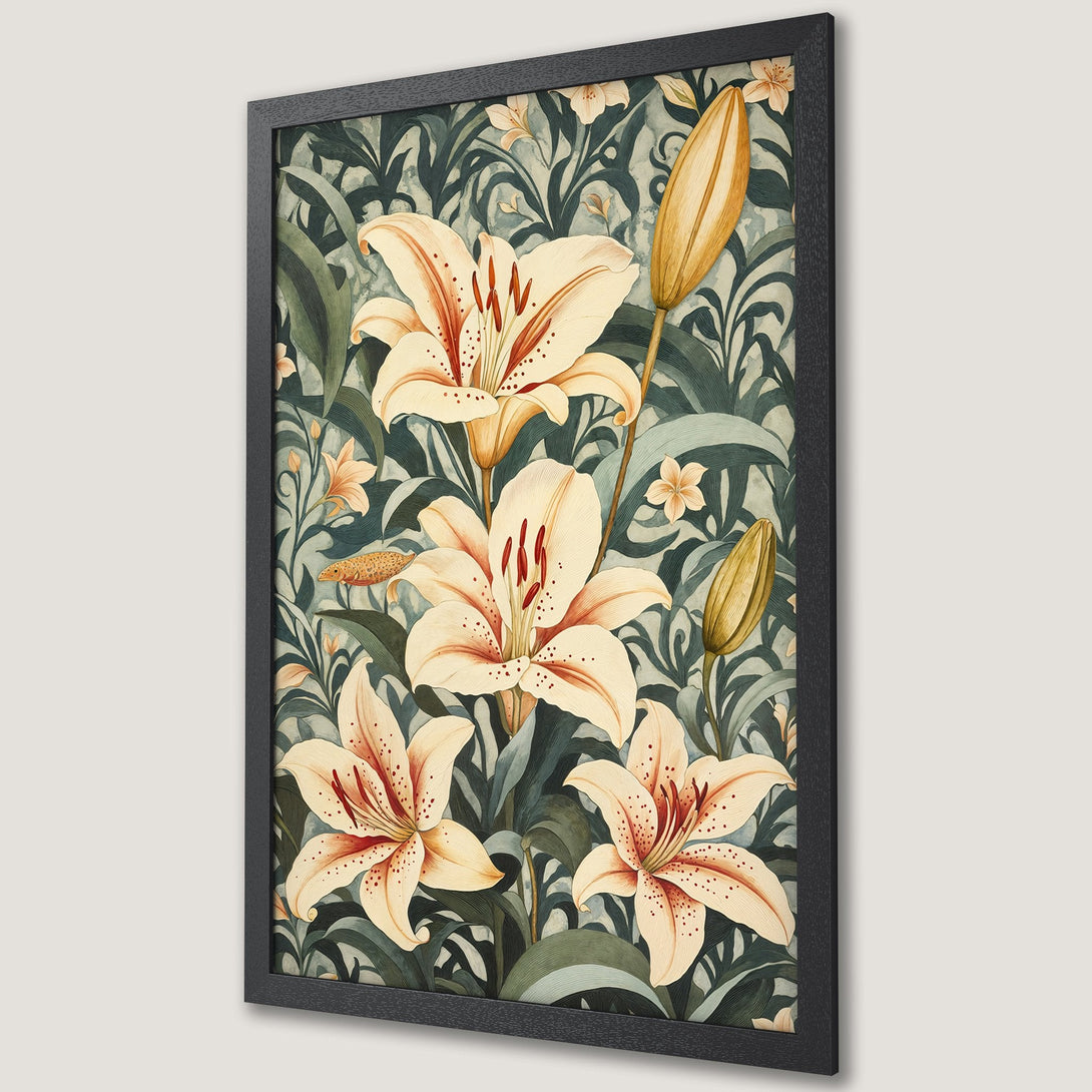 Framed Poster featuring watercolor lilies in a botanical style with a muted green and cream color palette. Perfect floral wall art.