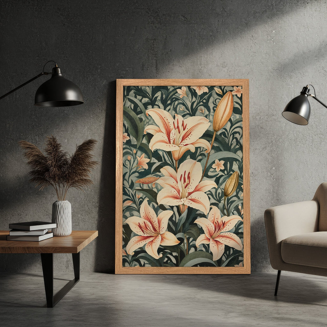 Framed Poster featuring elegant lily floral art in a vintage style with a soft, muted color palette. Perfect wall decor!