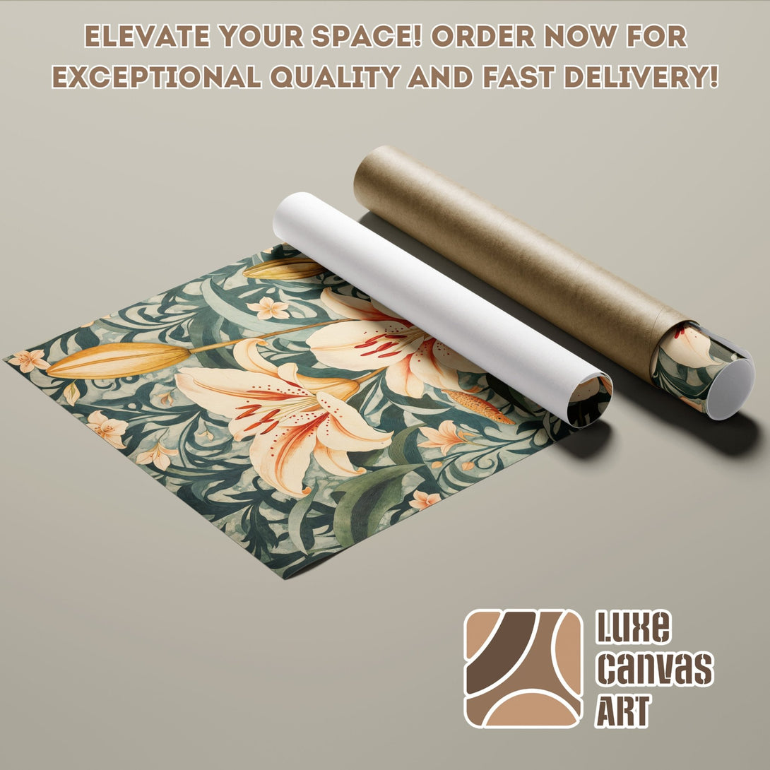 Floral Poster Roll featuring lilies in a vintage style with a muted green and beige color palette. Order your art today!