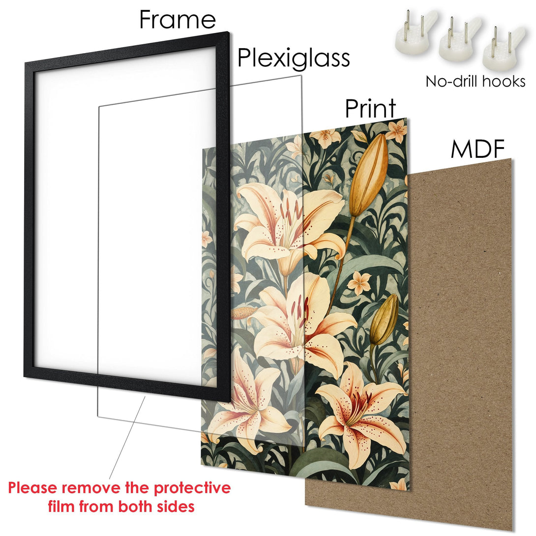 Framed Poster featuring floral lilies in a vintage style with a muted green and beige color palette. Perfect wall art!