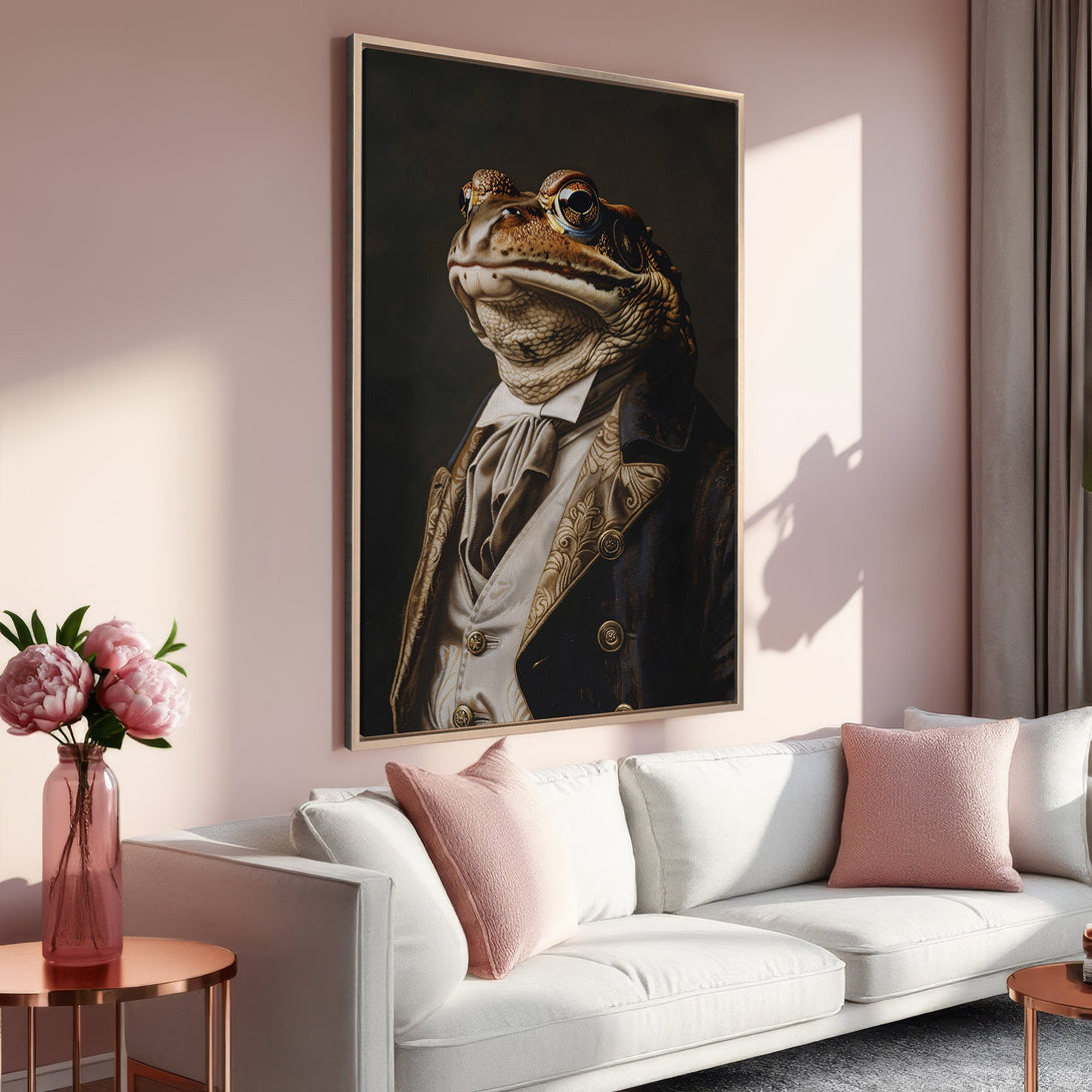 Framed Wall Art: Dapper frog portrait in classic style, rich brown and gold tones. Adds a touch of whimsy and elegance to any space.