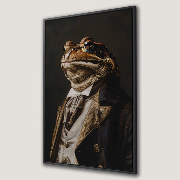 Framed Wall Art: Portrait of a dapper frog in a dark suit, classic style. Earthy tones with a touch of gold. Perfect for adding character to your space.