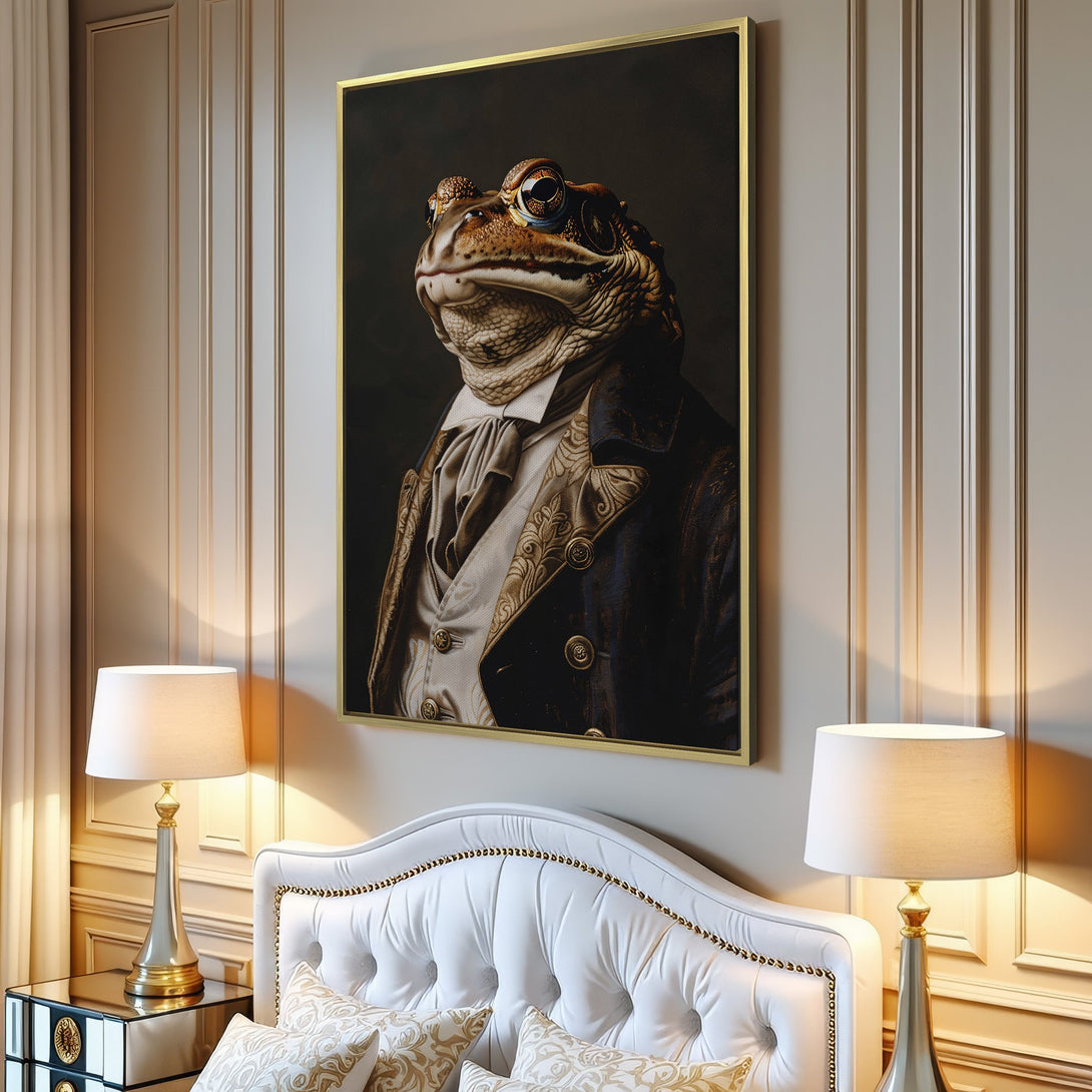 Canvas Print of a dapper frog in a vintage style, rich brown and gold tones. Perfect for adding a unique touch to your home decor.