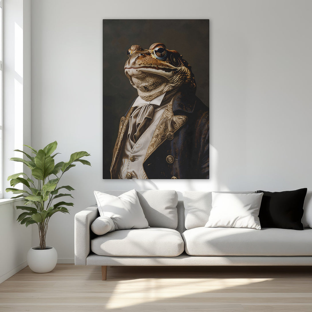 Framed Wall Art: Regal frog portrait in a classic style, rich dark and gold tones. Perfect for adding a touch of whimsy and sophistication to any room.