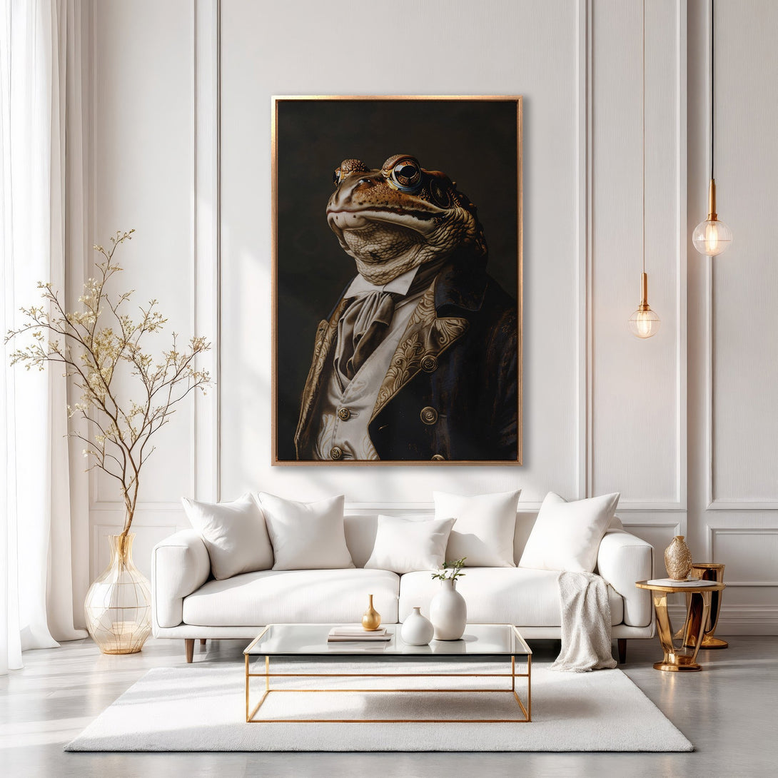 Framed Wall Art: Elegant frog portrait in classic style, dark and gold tones, displayed in a chic white interior. Elevate your home decor!