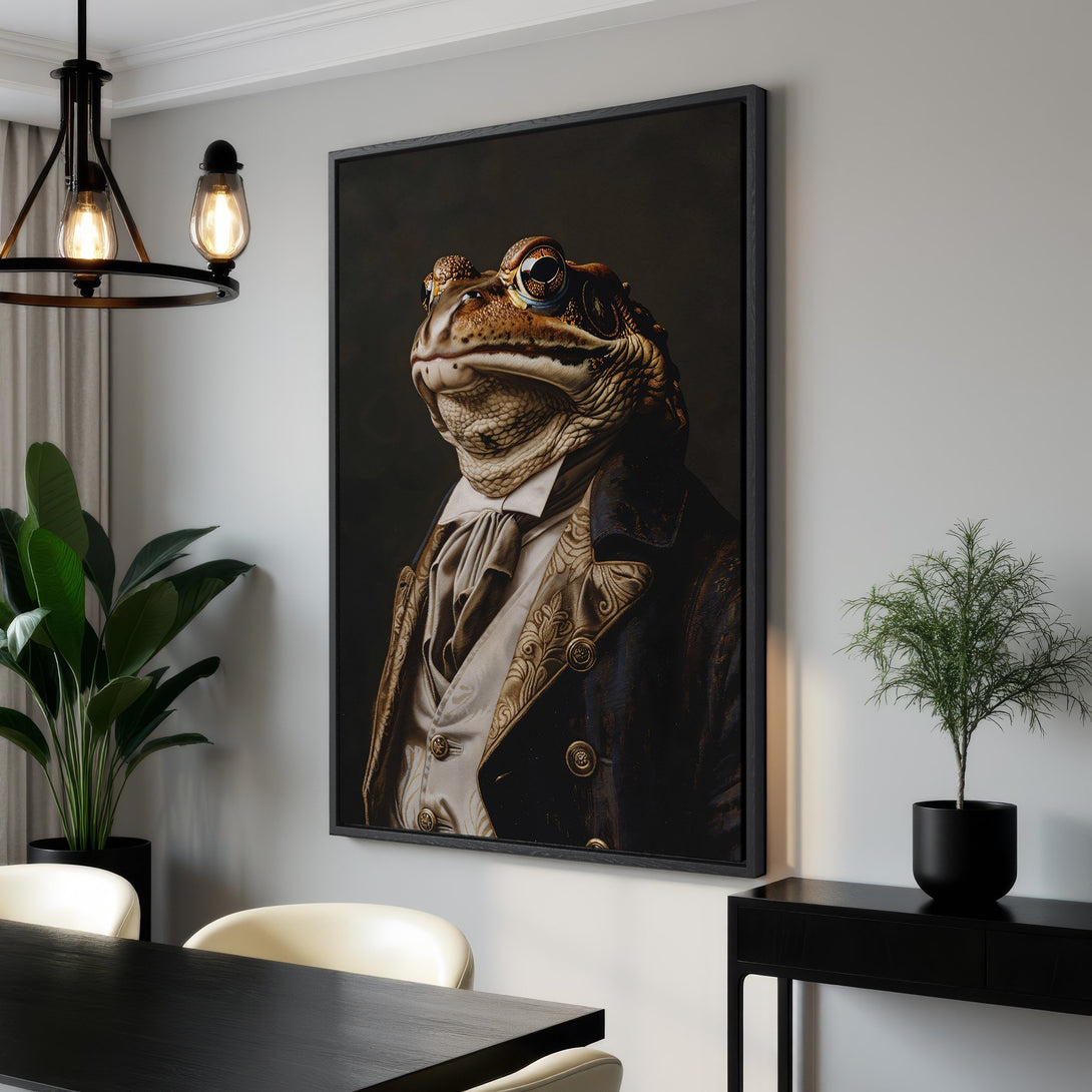 Framed Wall Art: Regal frog portrait in a classic style, featuring a dark, moody color palette. Perfect for adding a touch of whimsy to your home decor.