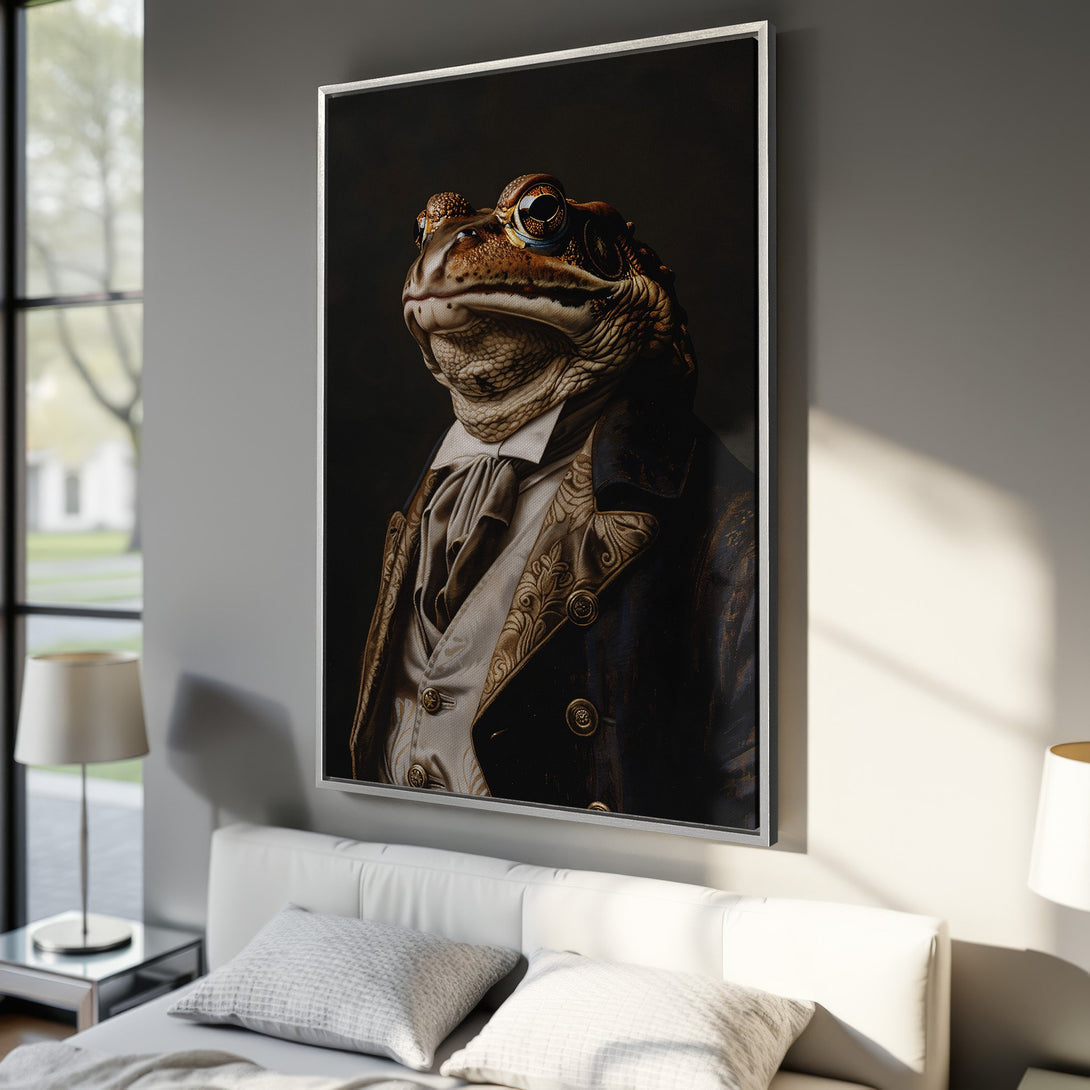 Framed Wall Art: Regal frog portrait in vintage style. Rich brown and gold tones add elegance. Perfect for adding character to any room. Shop now!