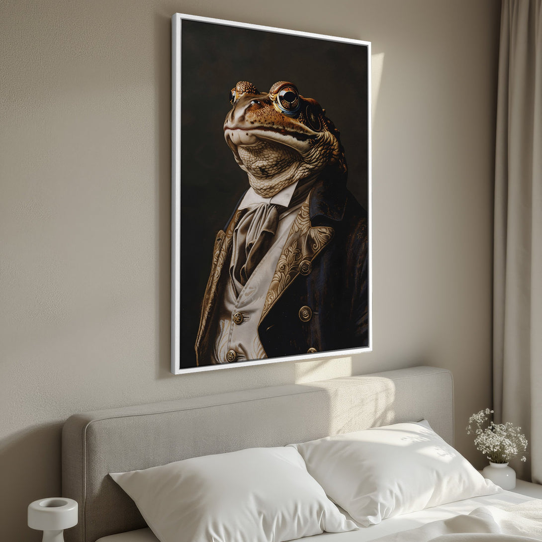 Framed Wall Art: Regal frog portrait in classic style, rich colors. Adds a touch of whimsy to any space. Perfect for home decor.