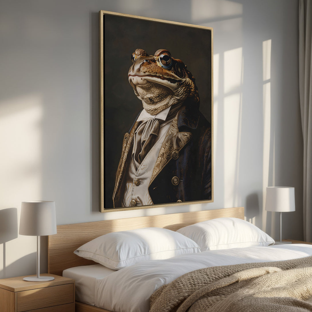 Framed Wall Art of a distinguished frog in a vintage style, rich brown and gold tones. Perfect for adding character and sophistication to any space.