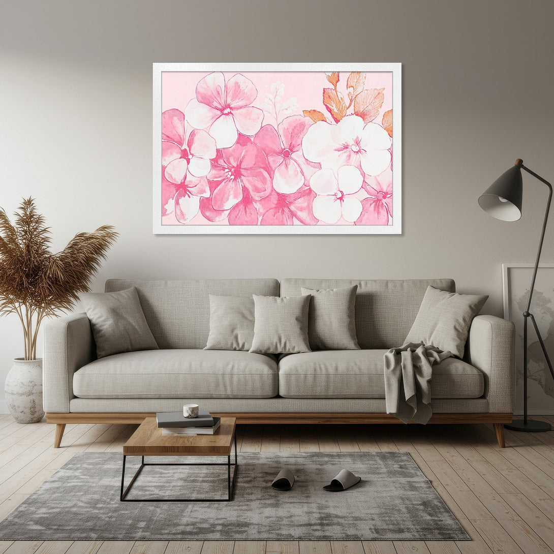 Framed Poster featuring watercolor floral art in pink and white hues, perfect for adding a touch of elegance to your home decor.