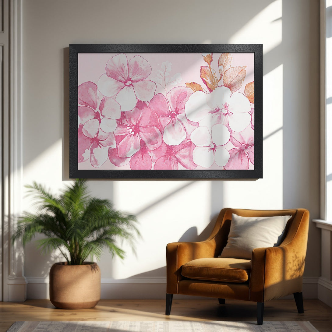 Framed Poster featuring watercolor pink floral art. Stylish wall decor with a soft, feminine color palette. Perfect for home or office.