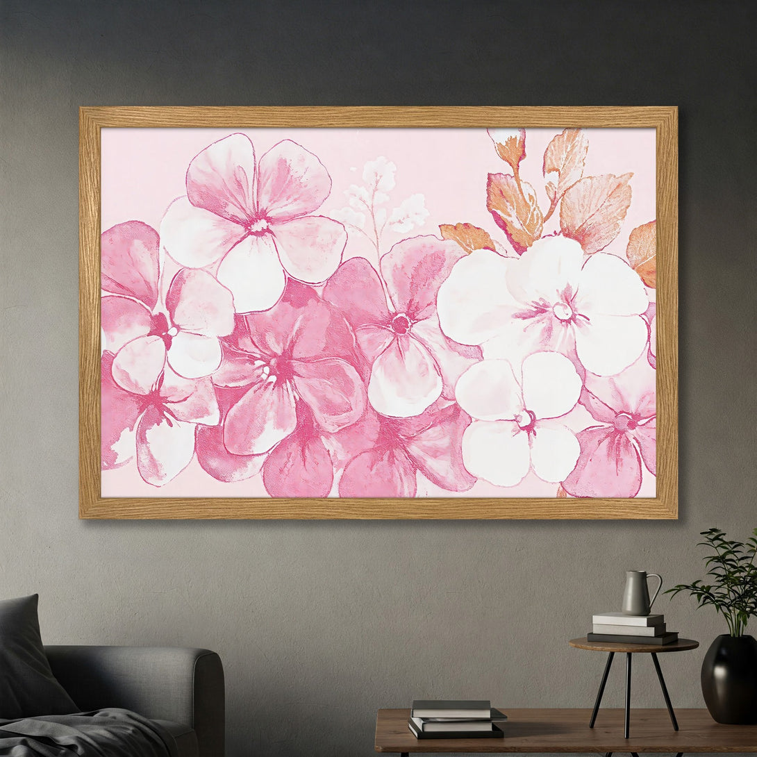 Framed Poster featuring watercolor-style pink floral art. Soft pink and white color palette, perfect for adding a touch of elegance to any space.