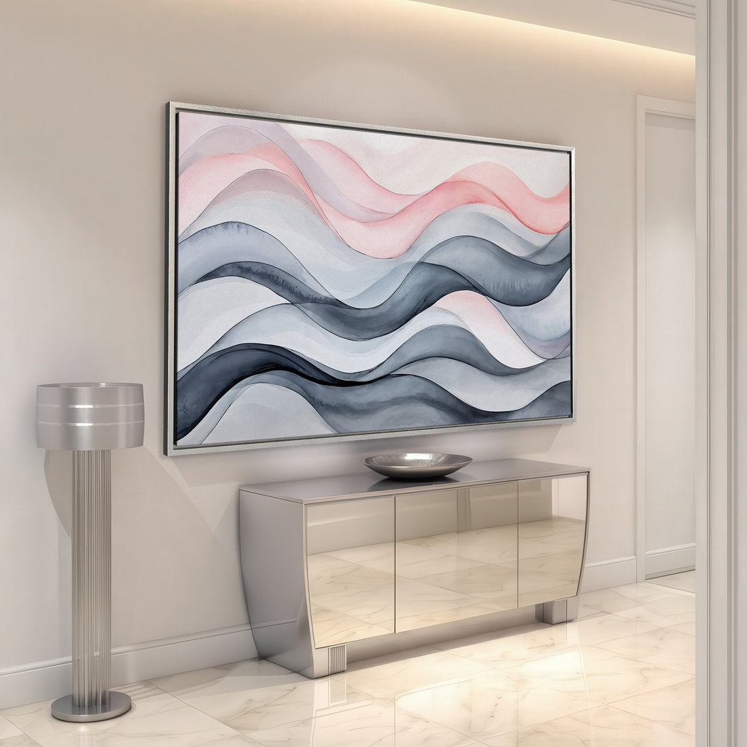 Framed Wall Art: Abstract wave design in watercolor style. Soft pink, gray, and blue color palette. Elevate your space with this stunning canvas print!