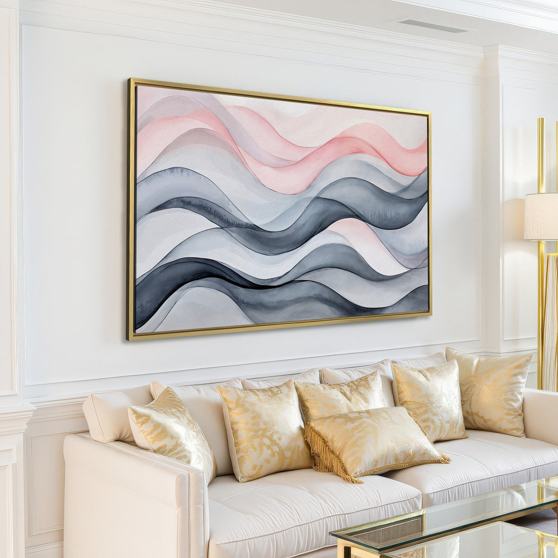 Abstract wave Canvas Print in a modern living room. Features a soft watercolor style with pink, gray, and white hues. Elevate your space!