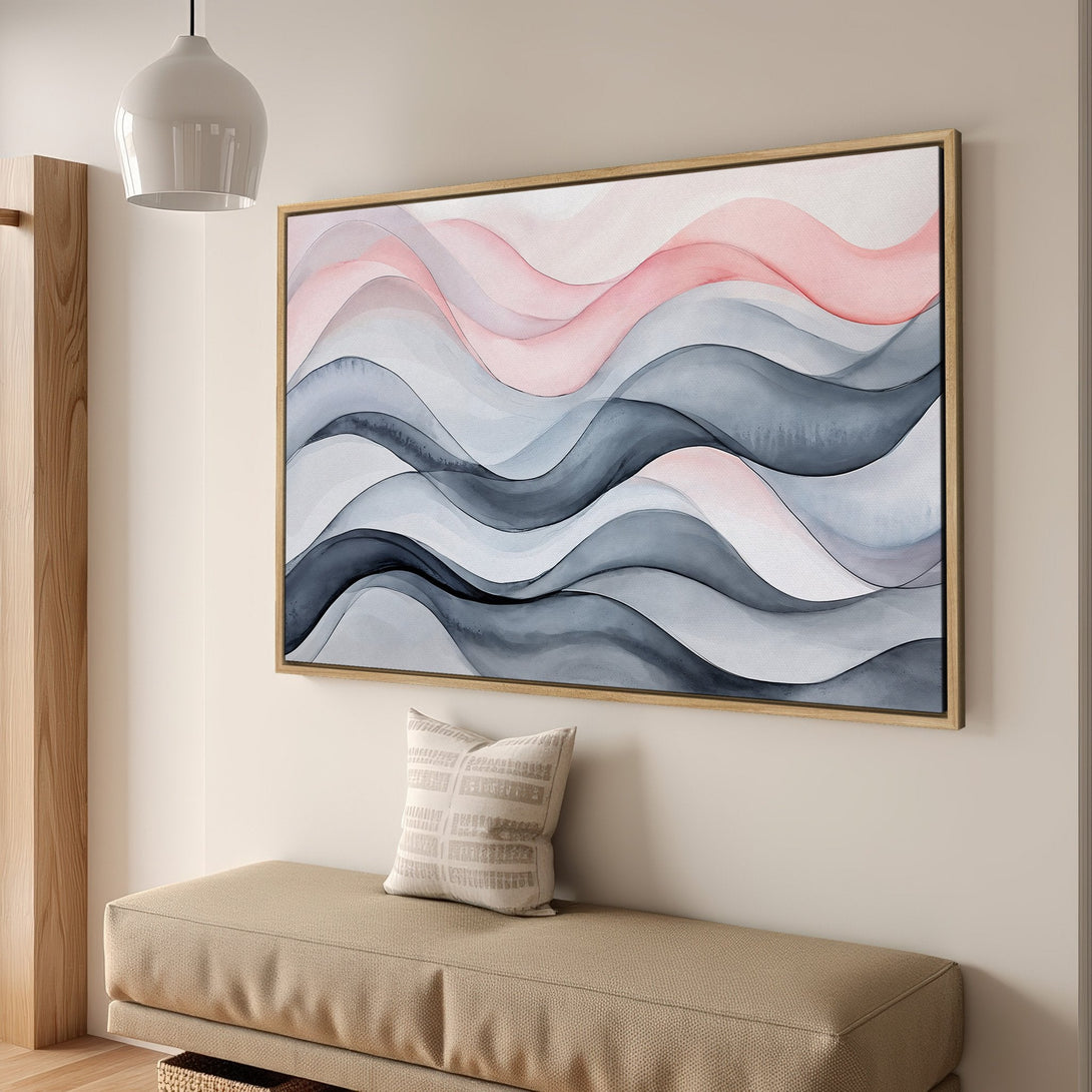 Framed Wall Art featuring abstract watercolor waves in pink, gray, and blue. Modern art for a calming interior.