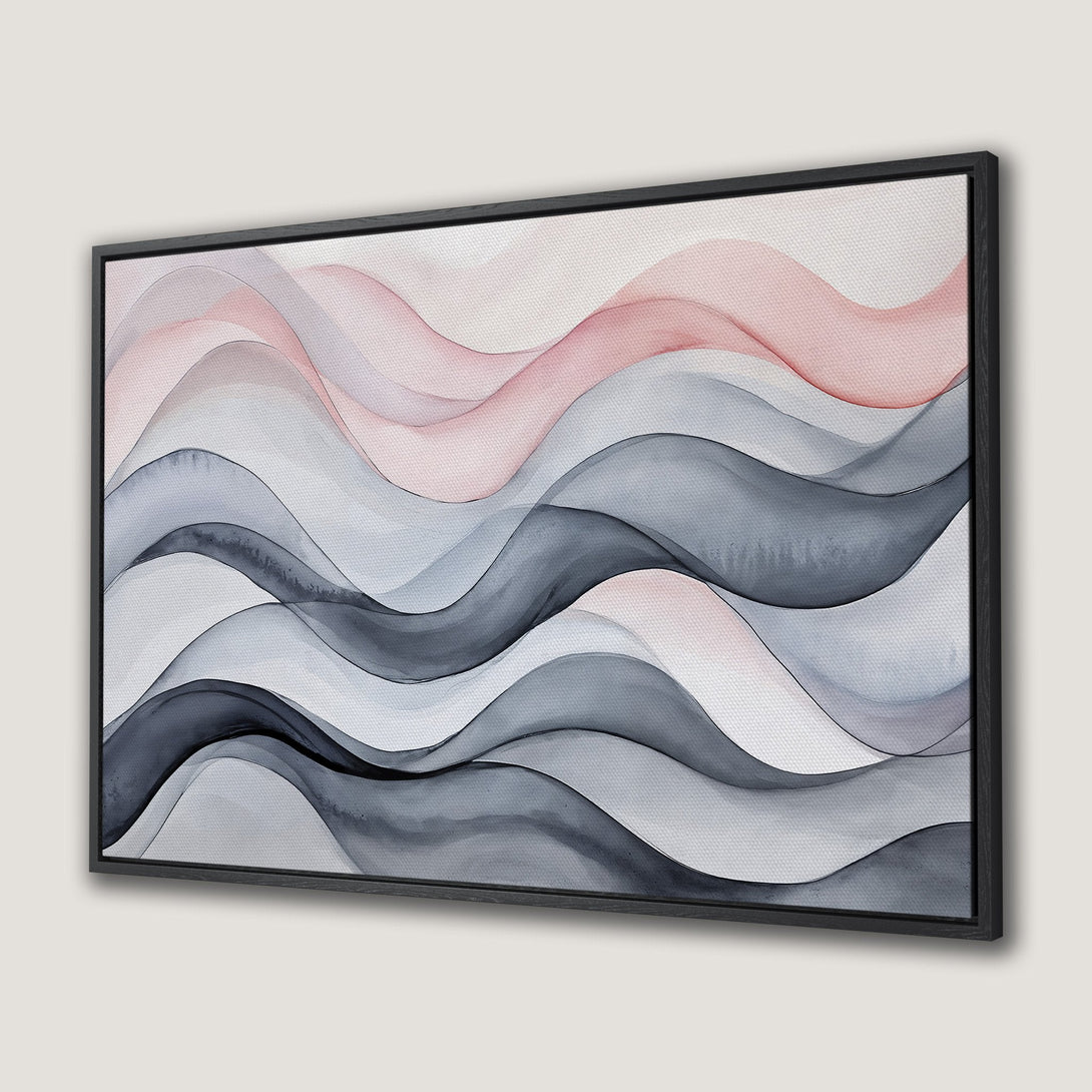Framed Wall Art featuring abstract watercolor waves in shades of blush, gray, and charcoal. Modern art for a calming interior.