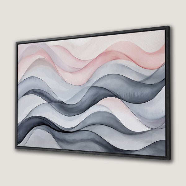 Framed Wall Art featuring abstract watercolor waves in shades of blush, gray, and charcoal. Modern art for a calming interior.
