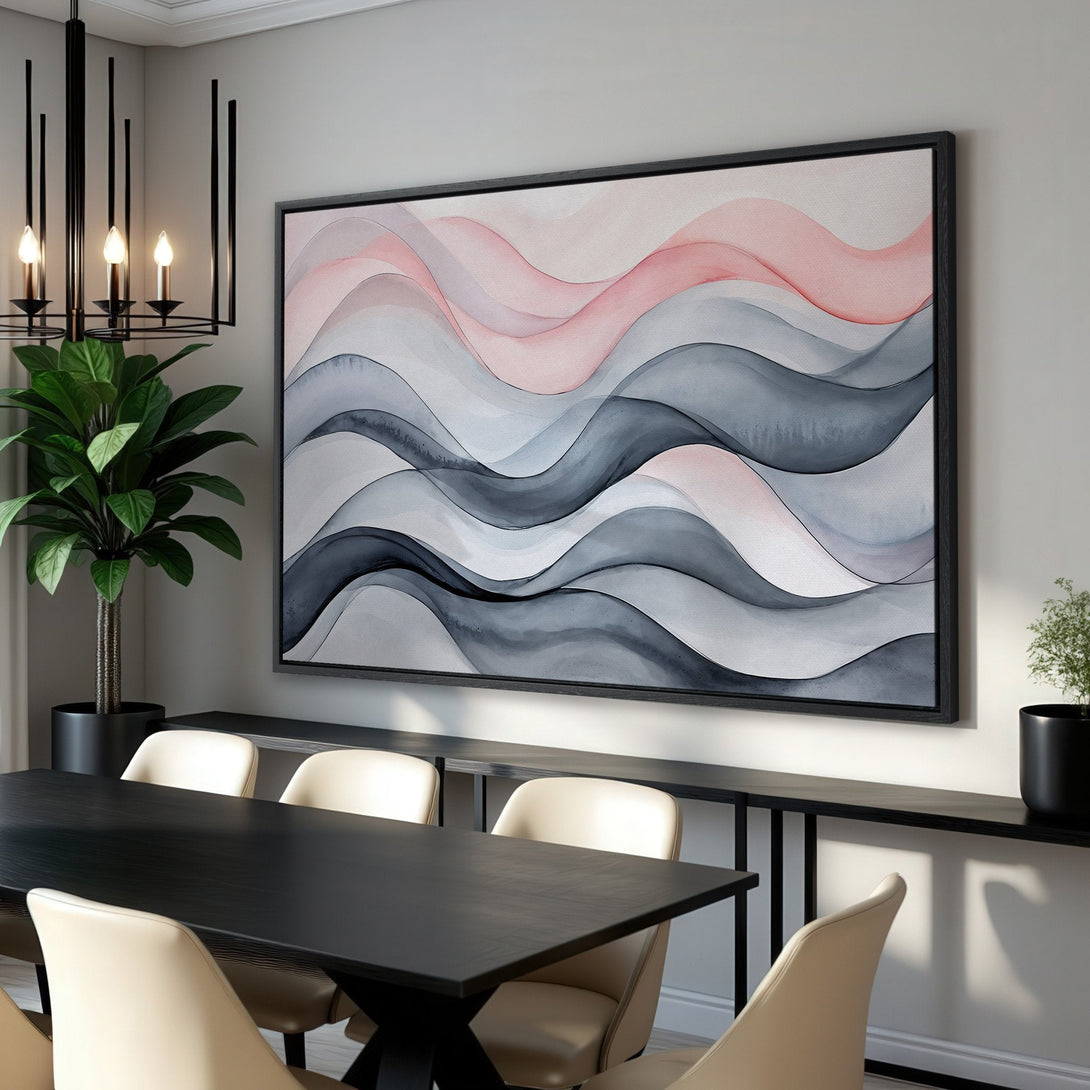 Framed Wall Art featuring abstract watercolor waves in gray and blush pink. Modern art for dining room decor.