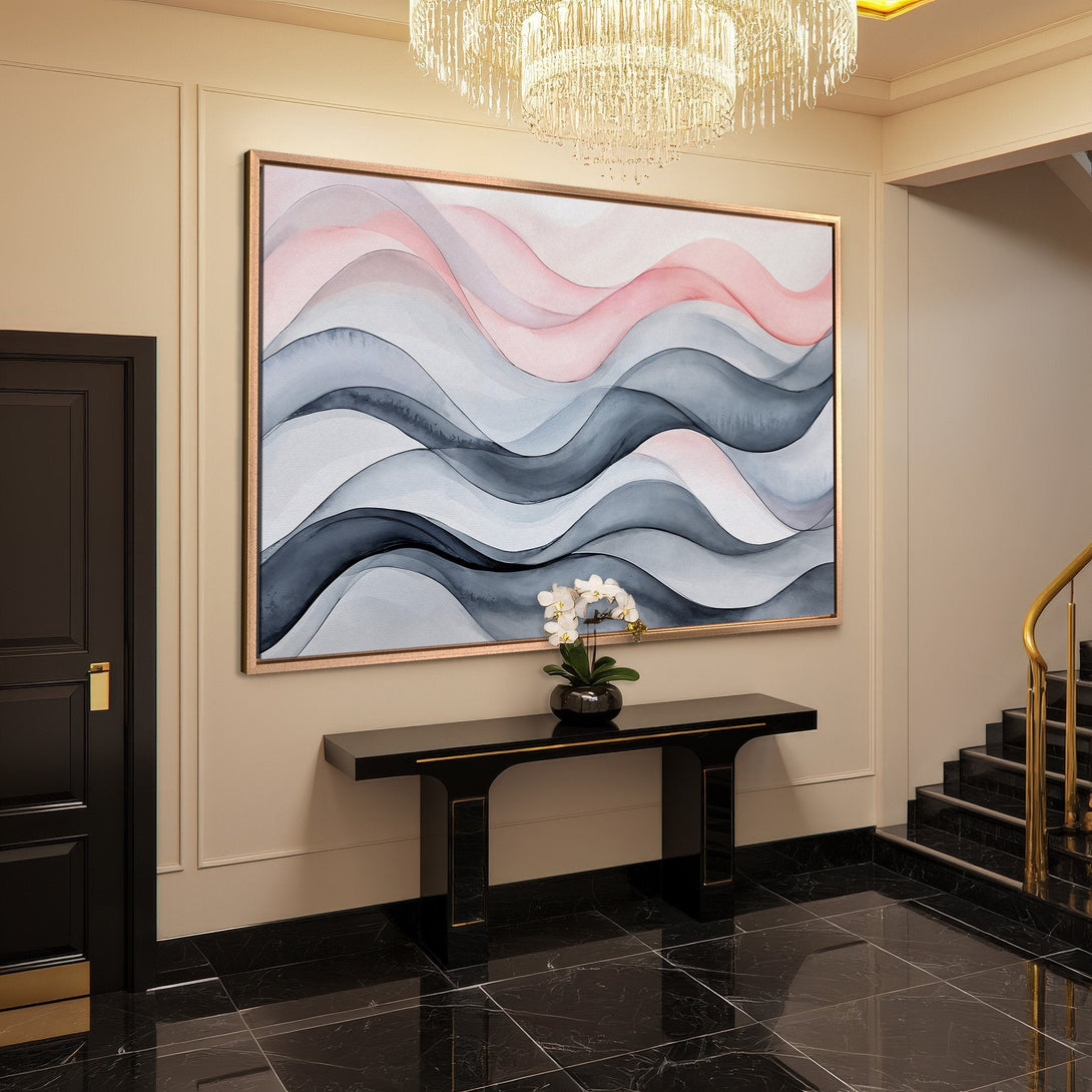 Framed Wall Art: Abstract watercolor waves in pink, gray, and blue. Modern art for home decor. Adds elegance to any space.