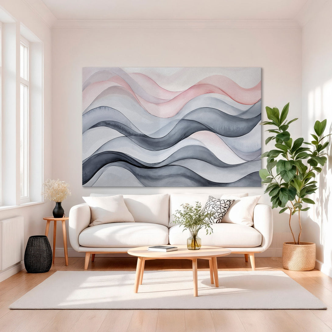 Framed Wall Art: Abstract watercolor waves in pink, gray, and blue. Modern Canvas Print adds elegance to any space. Shop now!