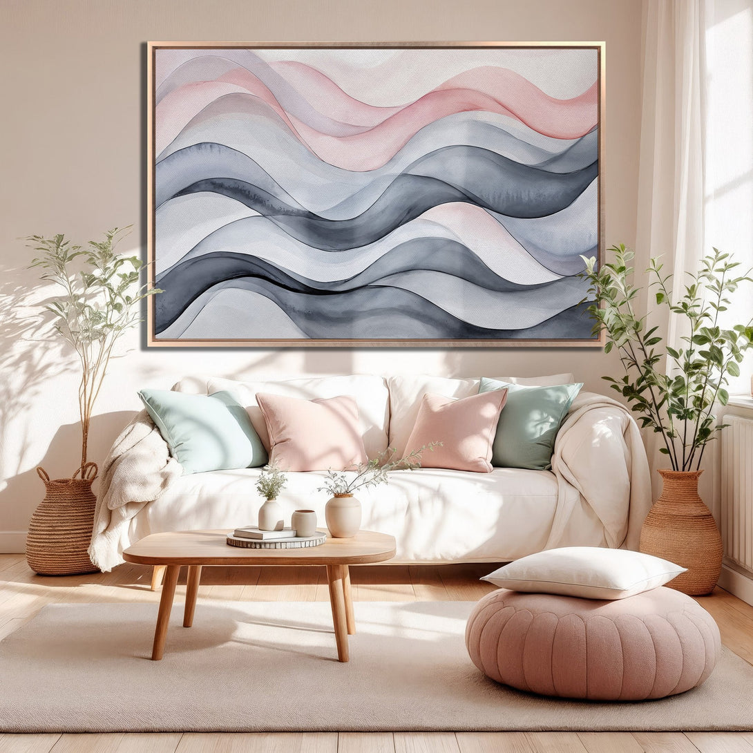 Framed Wall Art: Abstract watercolor waves in pink, gray, and blue. Modern art canvas print for a calming living room.