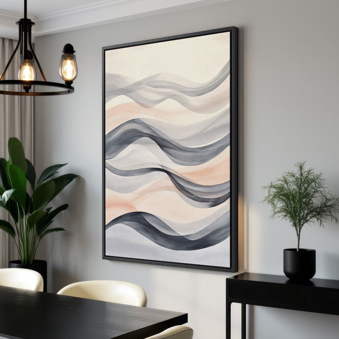 Framed Wall Art featuring abstract watercolor waves in neutral tones. Enhance your space with this elegant Canvas Print, perfect for modern decor.