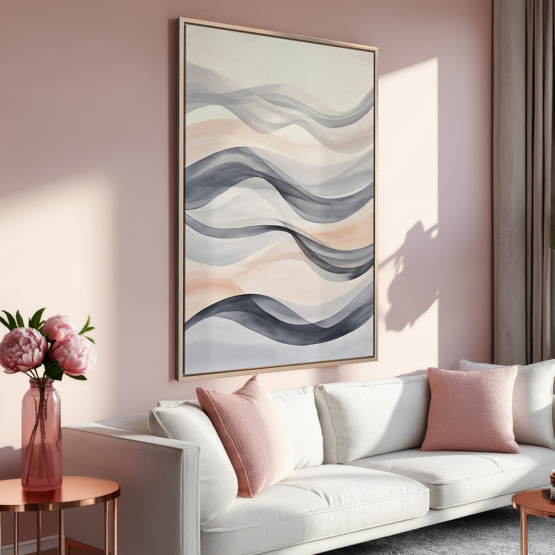 Framed Wall Art: Abstract wave design in soft gray, blush, and cream tones. Modern art for living room decor.
