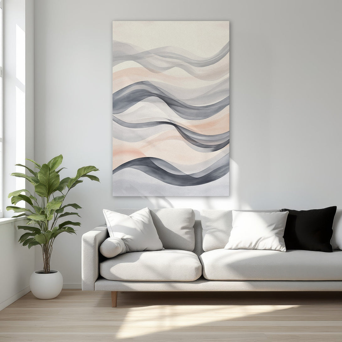 Framed Wall Art: Abstract wave design in neutral tones. Modern Canvas Print with gray, blush, and beige color palette. Perfect for bedroom decor.
