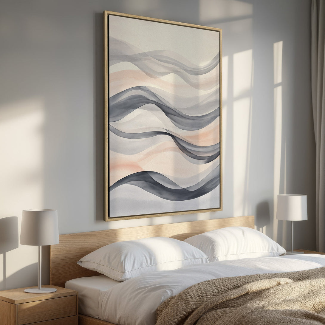 Framed Wall Art: Abstract watercolor waves in neutral tones of gray, blush, and beige. Modern art canvas print perfect for bedroom decor.