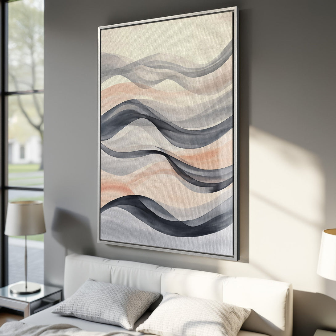 Framed Wall Art featuring abstract flowing waves in neutral tones of gray, blush, and cream. Modern art perfect for bedroom decor.