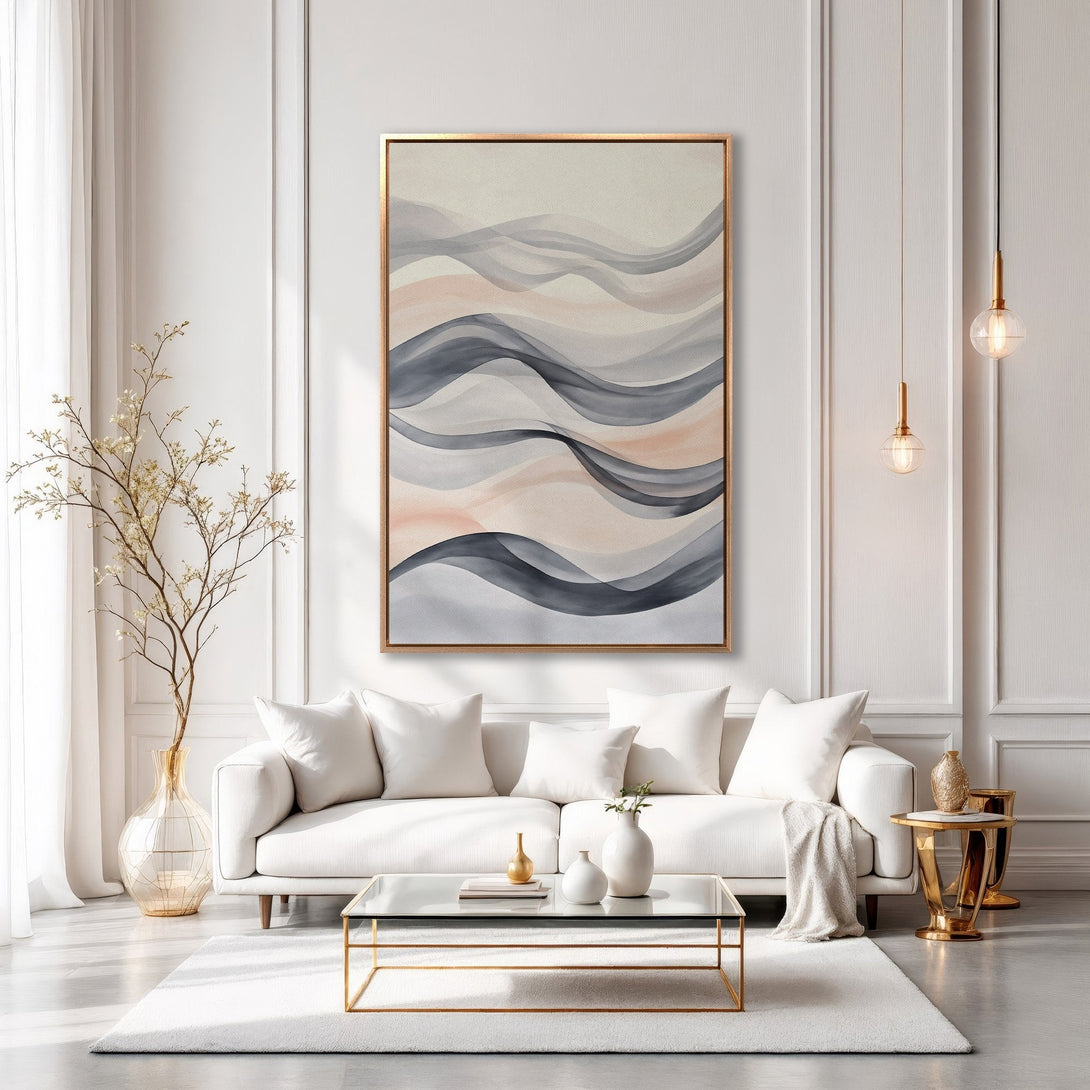 Framed Wall Art: Abstract wave design in neutral tones of gray and blush, perfect for modern living room decor. Enhance your space with this elegant artwork!