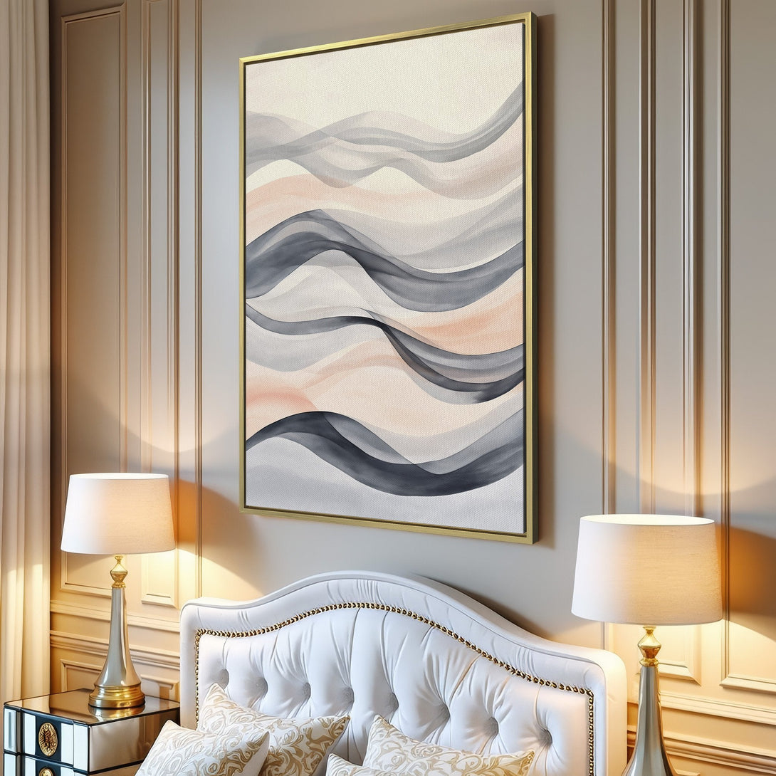 Abstract Canvas Print with flowing wave design in neutral gray and blush tones, perfect for modern home decor.