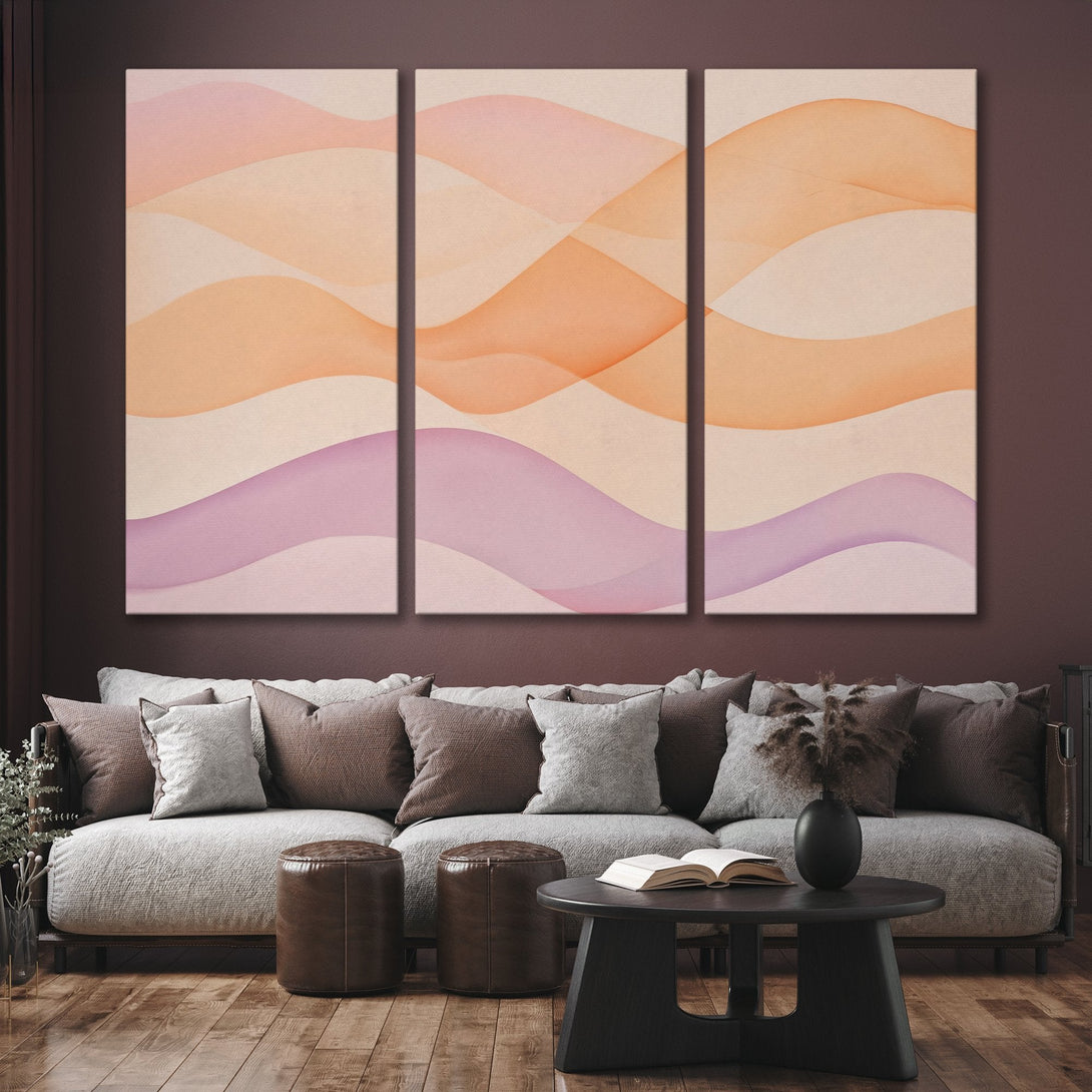 Abstract Canvas Print art in warm peach and lavender tones. Modern, minimalist style perfect for living room decor. Shop now for wall art!
