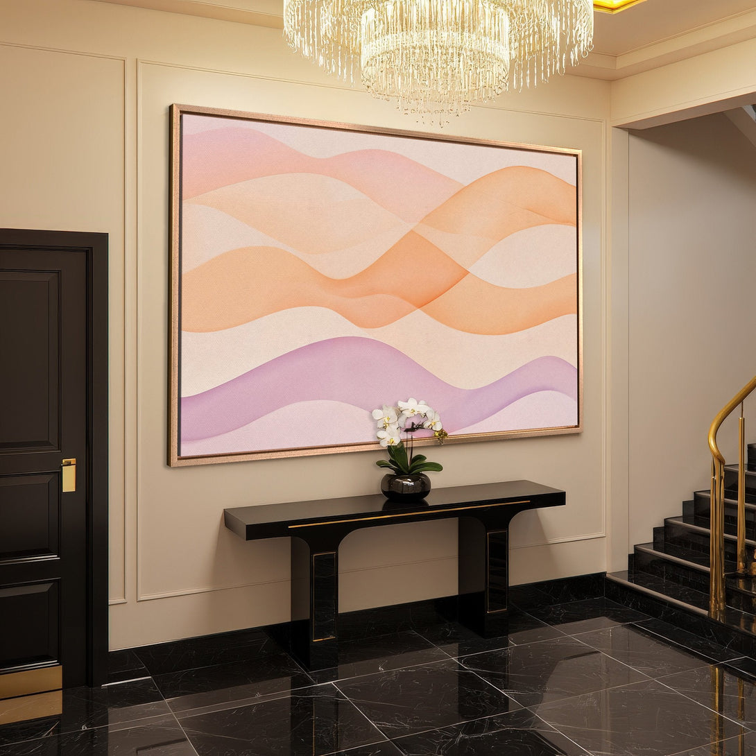 Framed Wall Art with abstract wave design in warm peach and lavender tones. Modern art for a stylish interior.