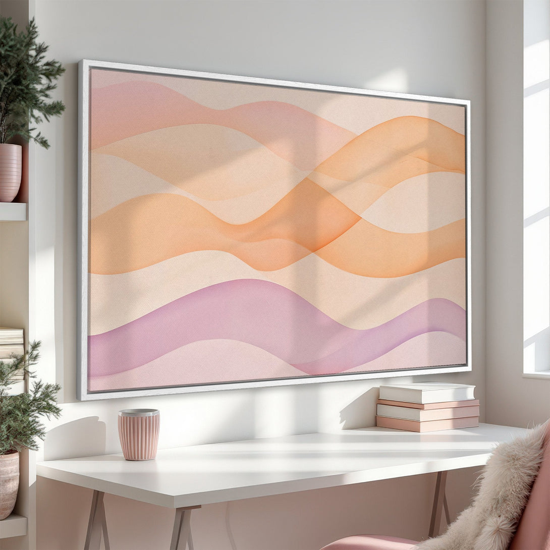 Framed Wall Art featuring abstract wave design in warm peach and pink tones, perfect for adding a touch of modern elegance to any space.