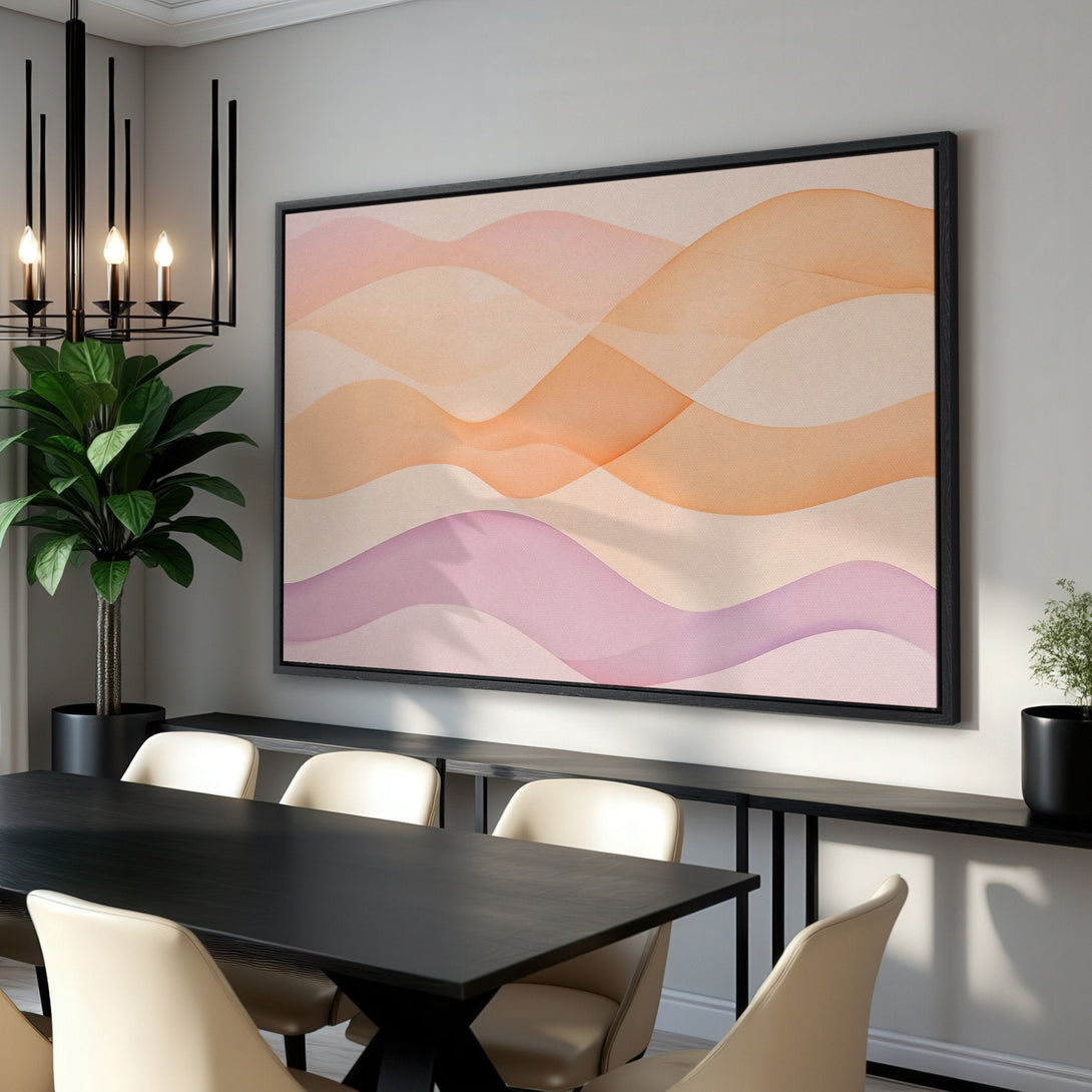 Framed Wall Art featuring an abstract wave design in warm peach and lavender tones. Modern art for a stylish interior.