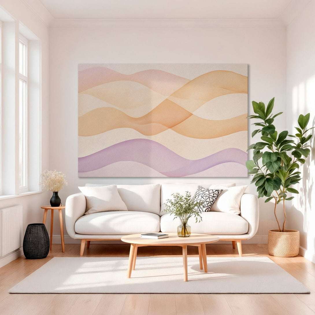 Framed Wall Art featuring an abstract wave design in warm peach and lavender tones. Modern canvas art perfect for living room decor.