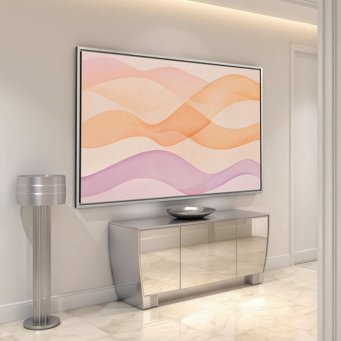 Framed Wall Art featuring abstract waves in warm peach and purple tones. Modern art for a stylish interior. Elevate your space with this canvas print!