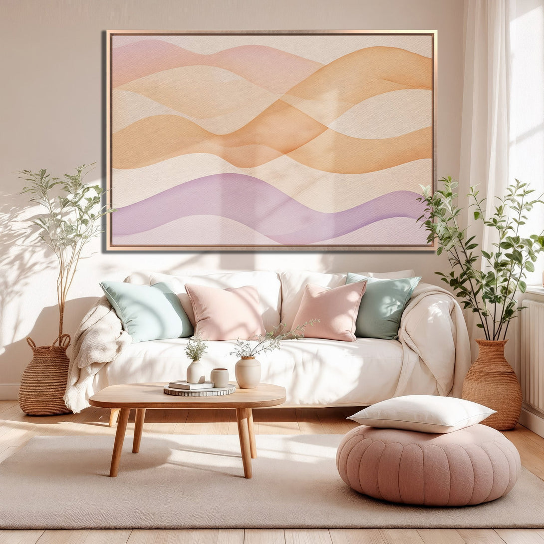 Framed Wall Art featuring abstract waves in a soft pastel color palette. Perfect for adding a touch of modern elegance to your living room.