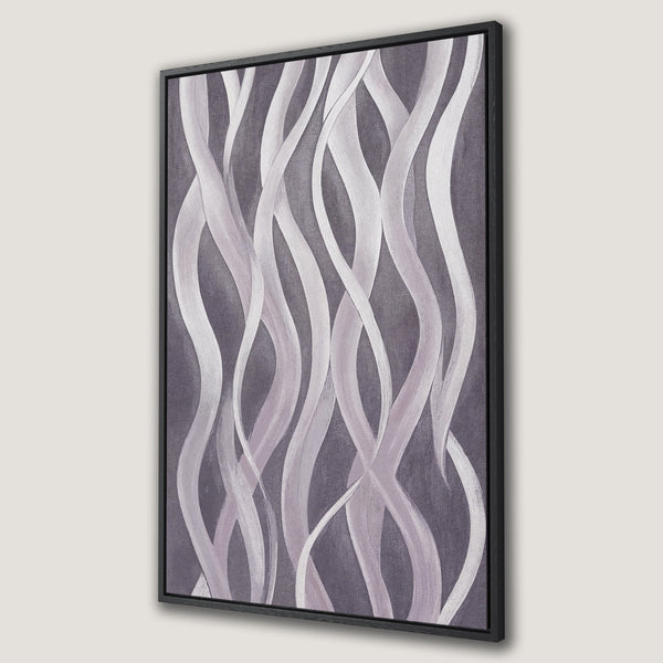 Framed Wall Art featuring abstract flowing lines in a soft, muted purple and gray color palette. Modern canvas print for a stylish home decor.