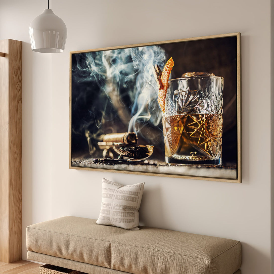 Framed Wall Art: Whiskey cocktail canvas print with cigar and smoke. Warm, inviting colors for stylish home decor.