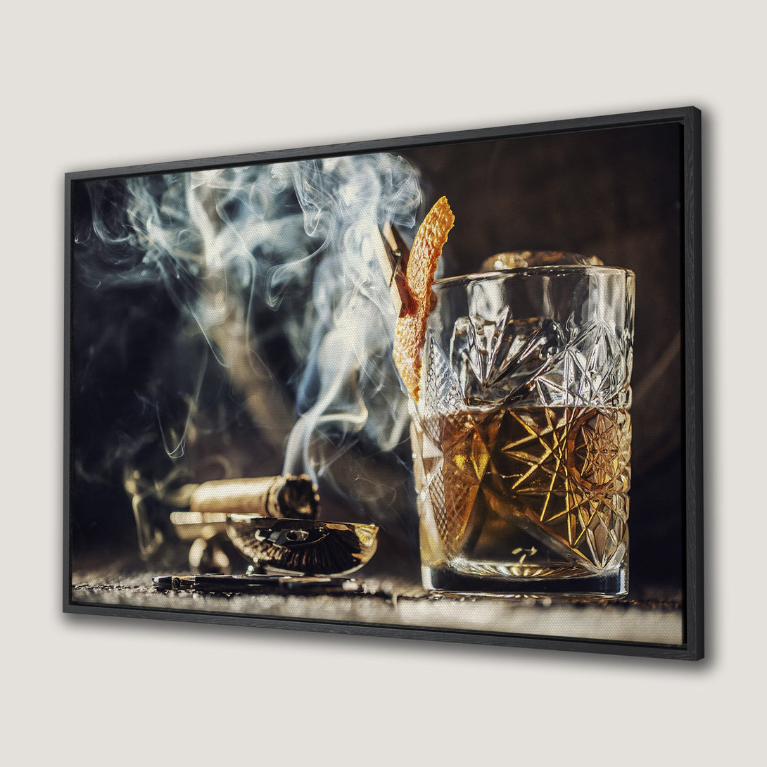 Framed Wall Art: Stylish cocktail & cigar scene in warm tones. Perfect for adding a touch of sophistication to your home decor. Canvas Print available.