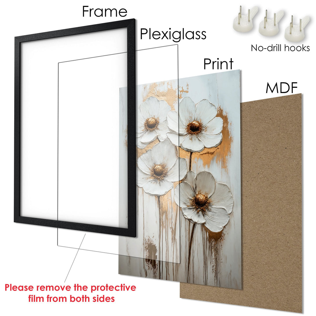 Framed Poster featuring white floral art with gold accents. Elegant style, neutral color palette. Ready to hang!